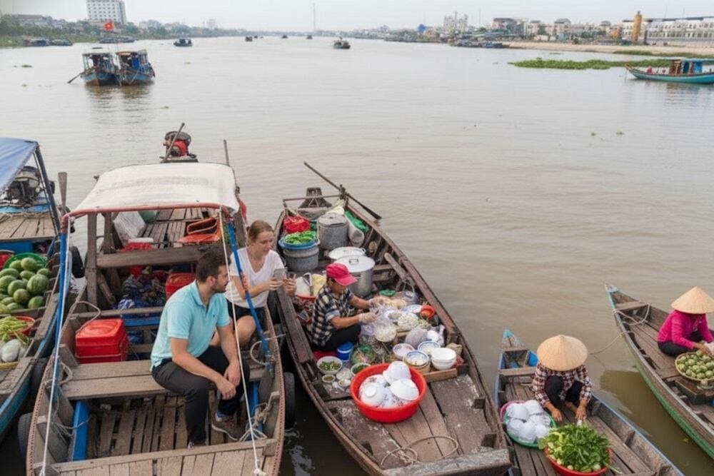 When visiting the floating market in the morning, be sure to try a nutritious and traditional breakfast